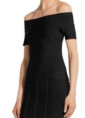 Herve Leger Francesca Black Bandage Ribbon Off Shoulder Zipper Top Size Medium